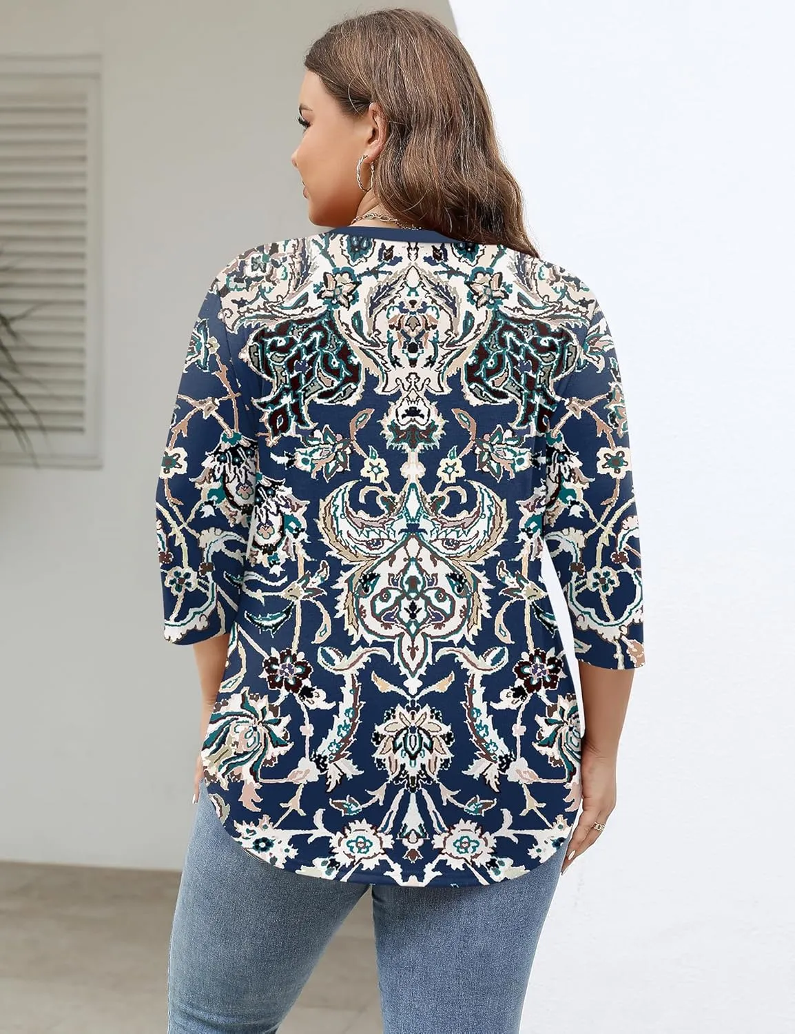 TFSDOD Womens Plus Size Tops V Neck T Shirts 3/4 Sleeve Blouse Summer Casual Tees XL-5X