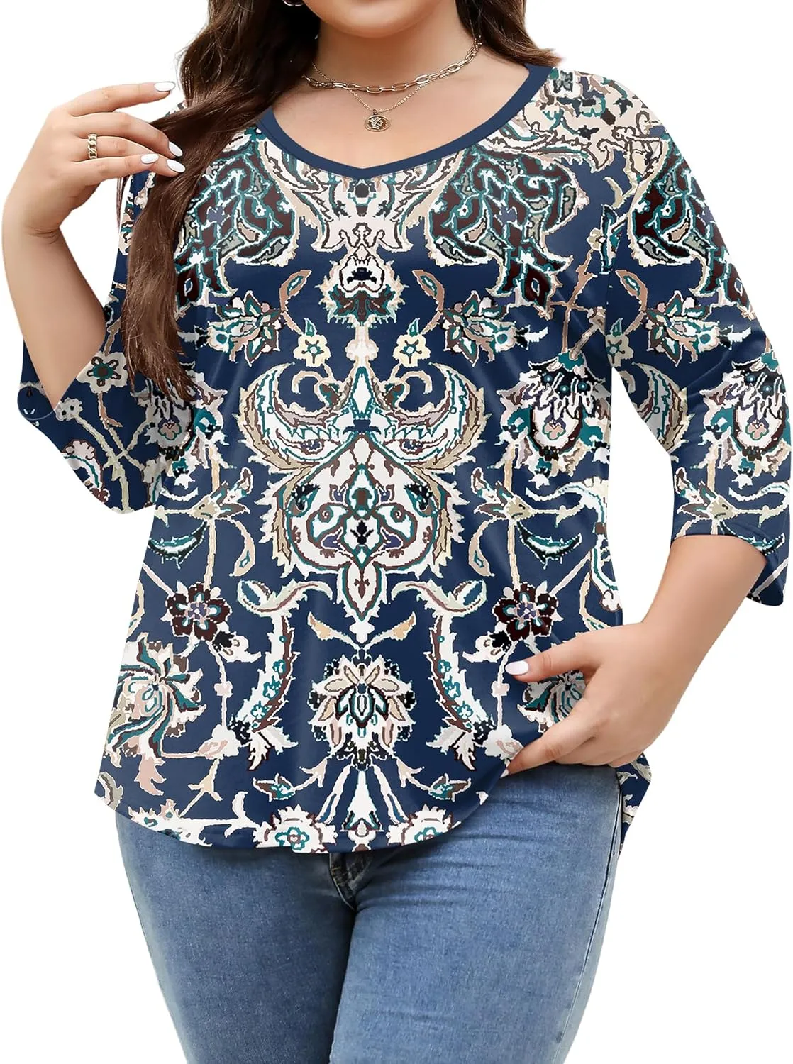 TFSDOD Womens Plus Size Tops V Neck T Shirts 3/4 Sleeve Blouse Summer Casual Tees XL-5X