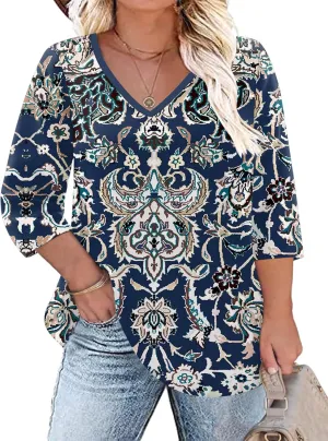 TFSDOD Womens Plus Size Tops V Neck T Shirts 3/4 Sleeve Blouse Summer Casual Tees XL-5X