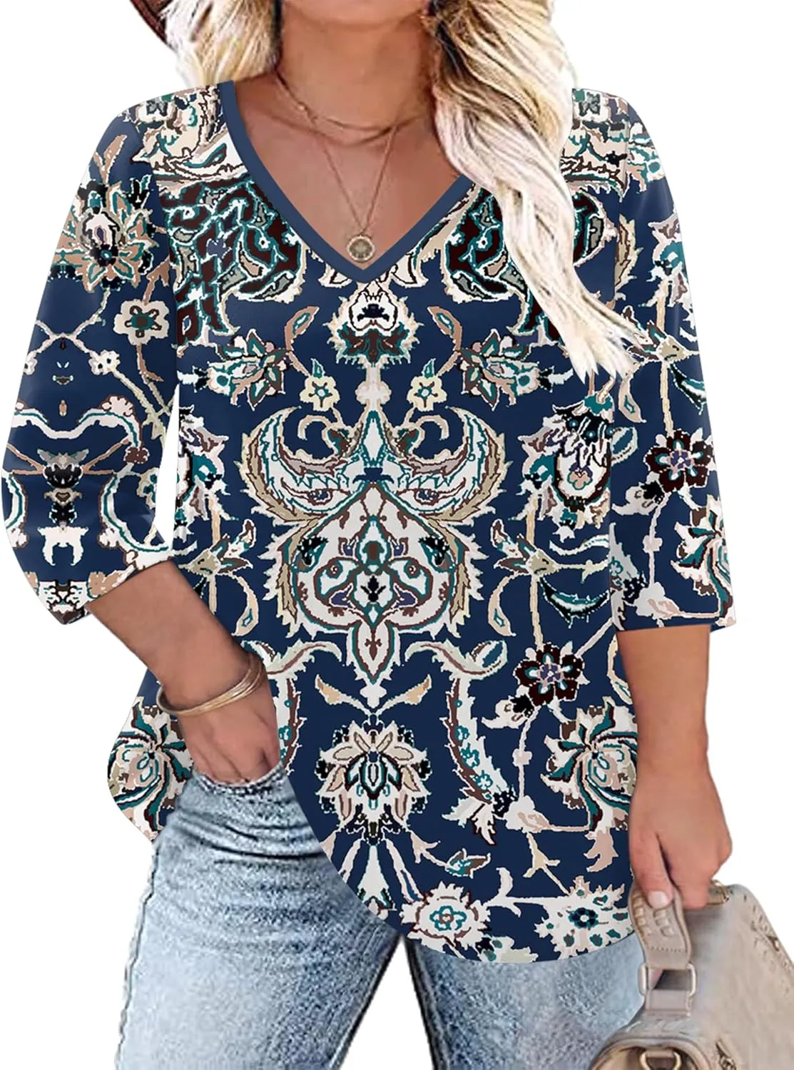 TFSDOD Womens Plus Size Tops V Neck T Shirts 3/4 Sleeve Blouse Summer Casual Tees XL-5X