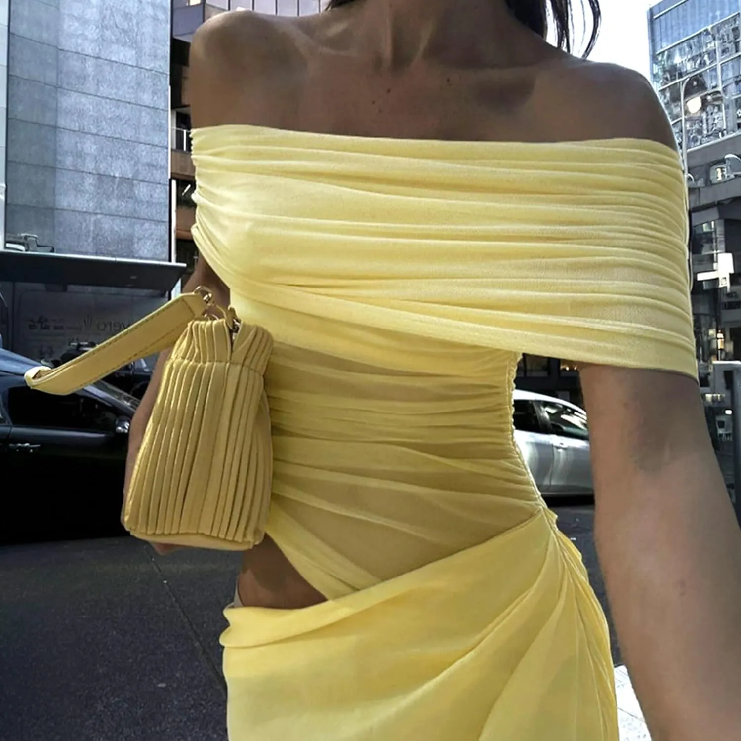 Thopavenoir Women's Sexy Sheer Mesh Off Shoulder Maxi Dress See Through Ruched Long Sleeve Dresses Elegant Bodycon Sundress