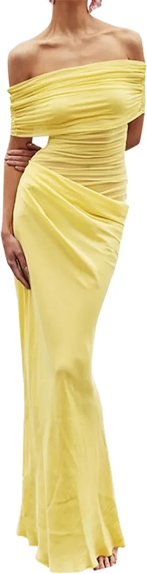 Thopavenoir Women's Sexy Sheer Mesh Off Shoulder Maxi Dress See Through Ruched Long Sleeve Dresses Elegant Bodycon Sundress
