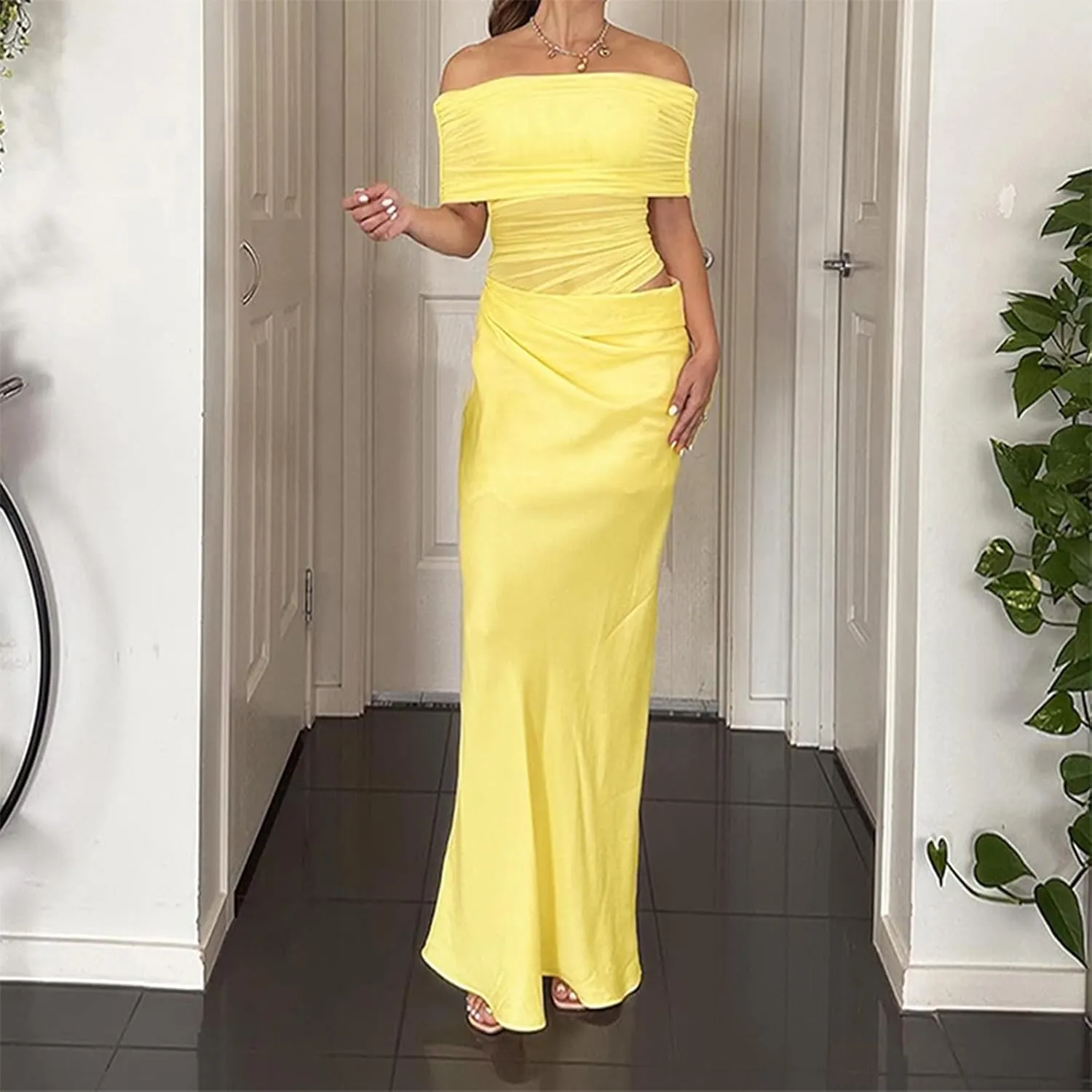 Thopavenoir Women's Sexy Sheer Mesh Off Shoulder Maxi Dress See Through Ruched Long Sleeve Dresses Elegant Bodycon Sundress
