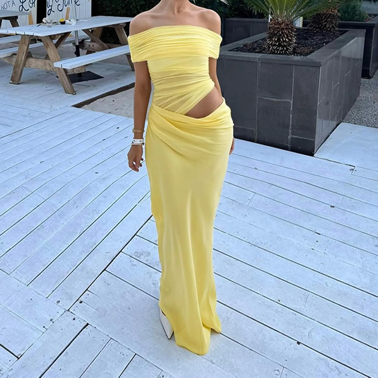 Thopavenoir Women's Sexy Sheer Mesh Off Shoulder Maxi Dress See Through Ruched Long Sleeve Dresses Elegant Bodycon Sundress