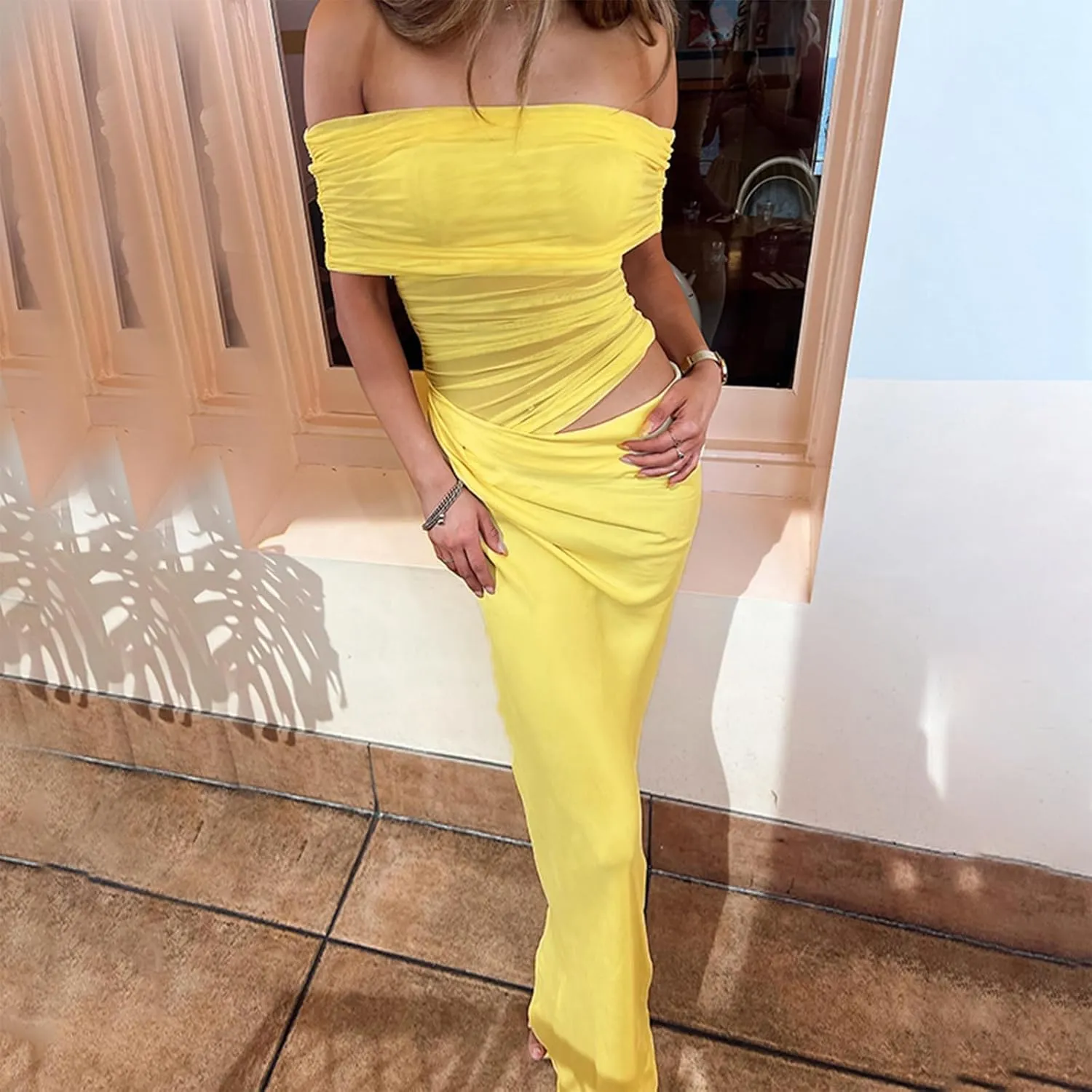 Thopavenoir Women's Sexy Sheer Mesh Off Shoulder Maxi Dress See Through Ruched Long Sleeve Dresses Elegant Bodycon Sundress