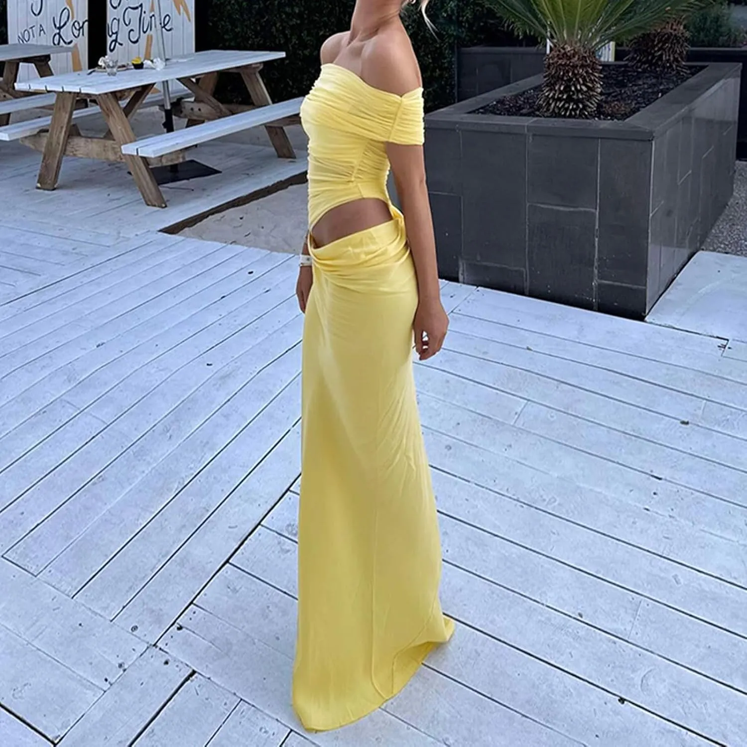 Thopavenoir Women's Sexy Sheer Mesh Off Shoulder Maxi Dress See Through Ruched Long Sleeve Dresses Elegant Bodycon Sundress