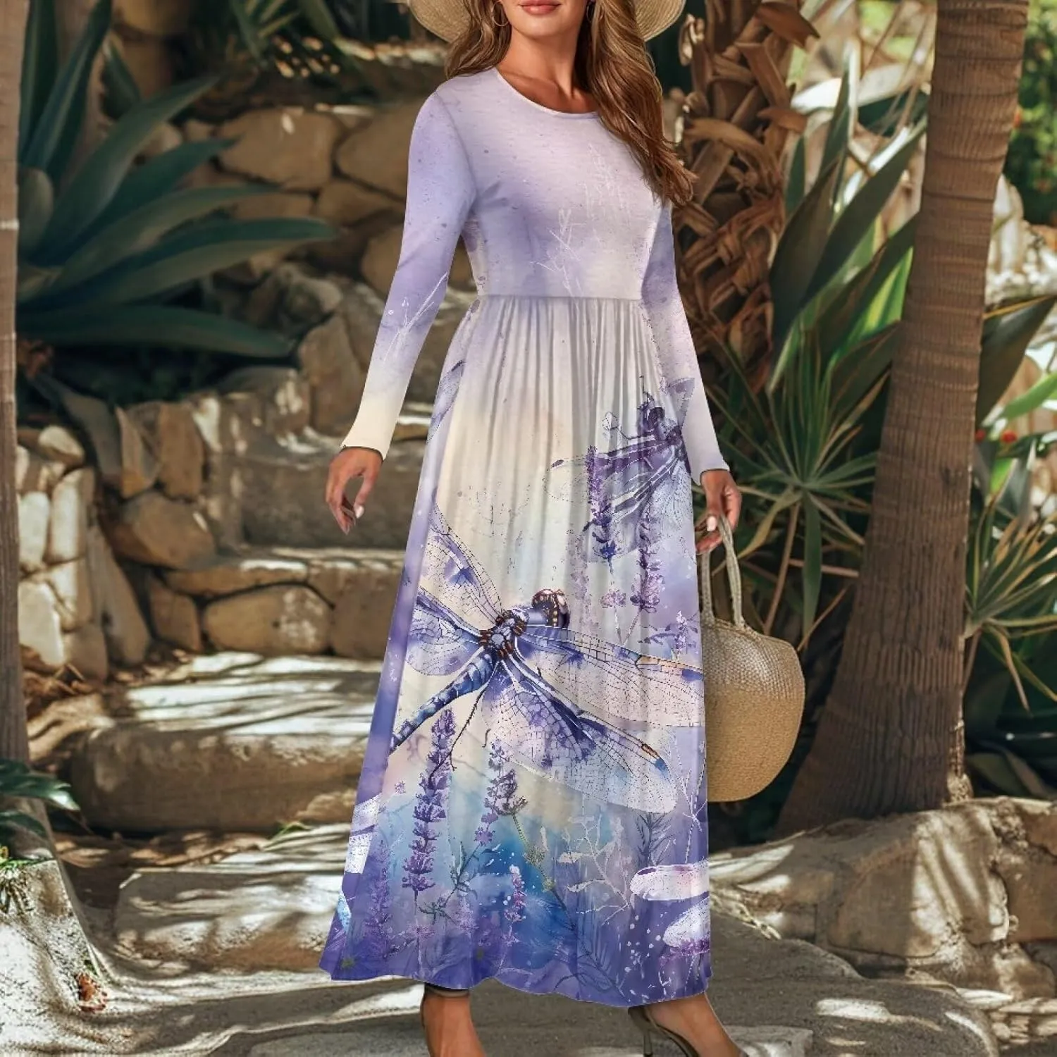 TOADDITDO Women Long Sleeve Maxi Dresses 2024 Wedding Guest Elegant Floor Length Dress Soft O Neck A-line Swing Dresses