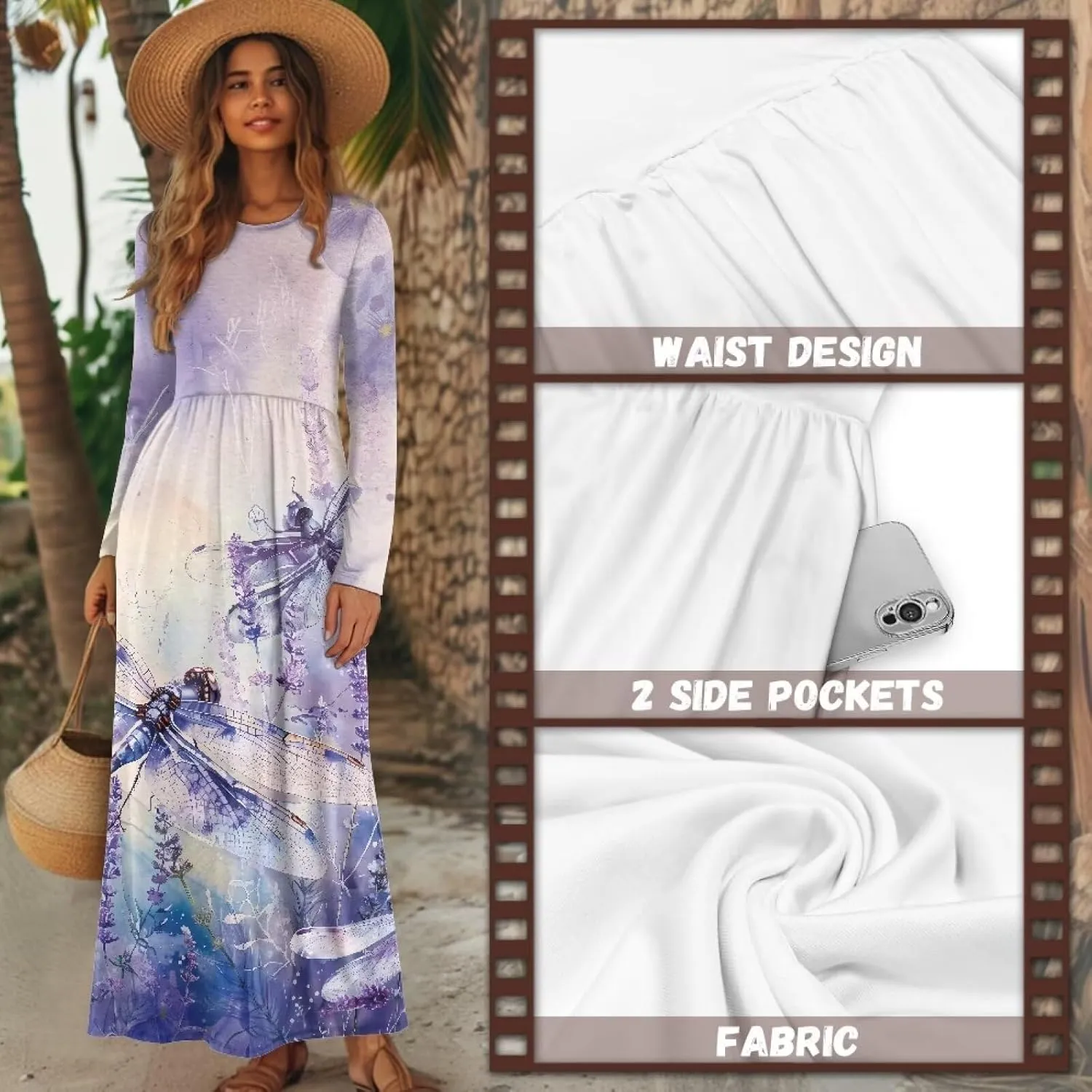 TOADDITDO Women Long Sleeve Maxi Dresses 2024 Wedding Guest Elegant Floor Length Dress Soft O Neck A-line Swing Dresses