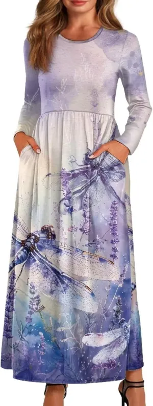 TOADDITDO Women Long Sleeve Maxi Dresses 2024 Wedding Guest Elegant Floor Length Dress Soft O Neck A-line Swing Dresses