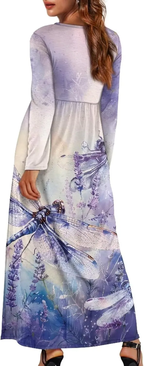 TOADDITDO Women Long Sleeve Maxi Dresses 2024 Wedding Guest Elegant Floor Length Dress Soft O Neck A-line Swing Dresses