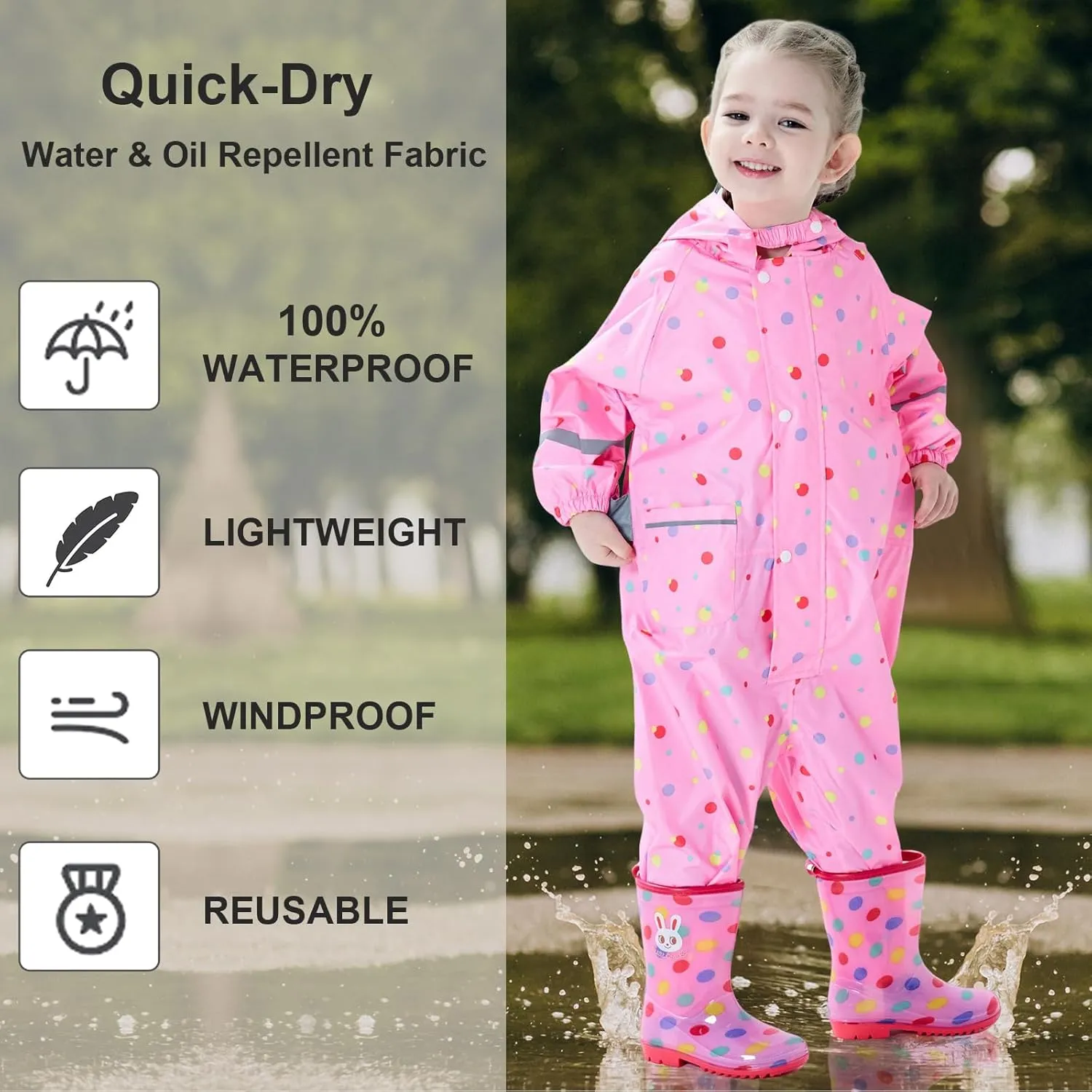 Toddler Kids Rain Suit Girls Boys One Piece Raincoat Waterproof Coverall Lightweight Rainwear Rain Jacket 1-10 Years
