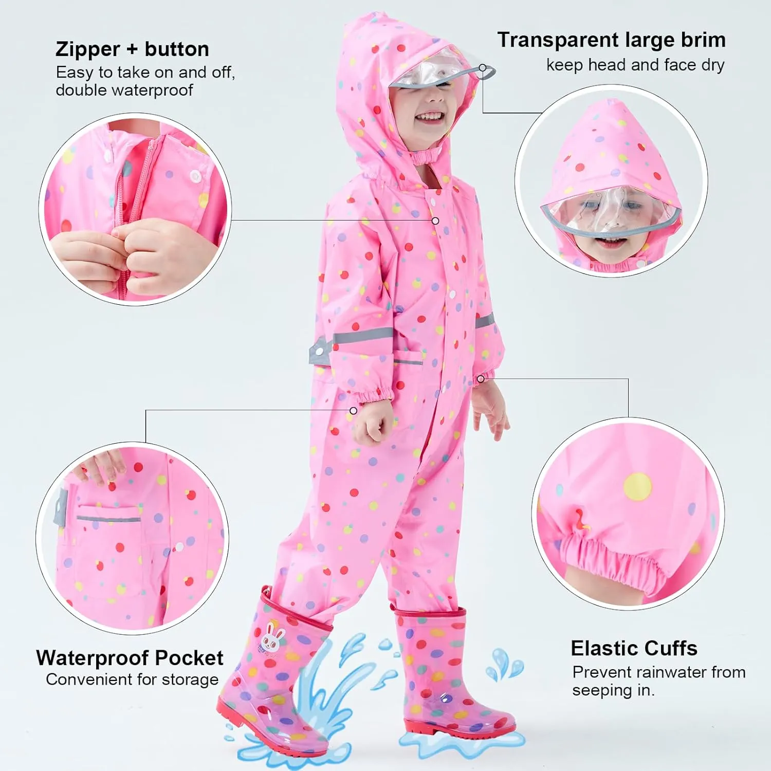 Toddler Kids Rain Suit Girls Boys One Piece Raincoat Waterproof Coverall Lightweight Rainwear Rain Jacket 1-10 Years