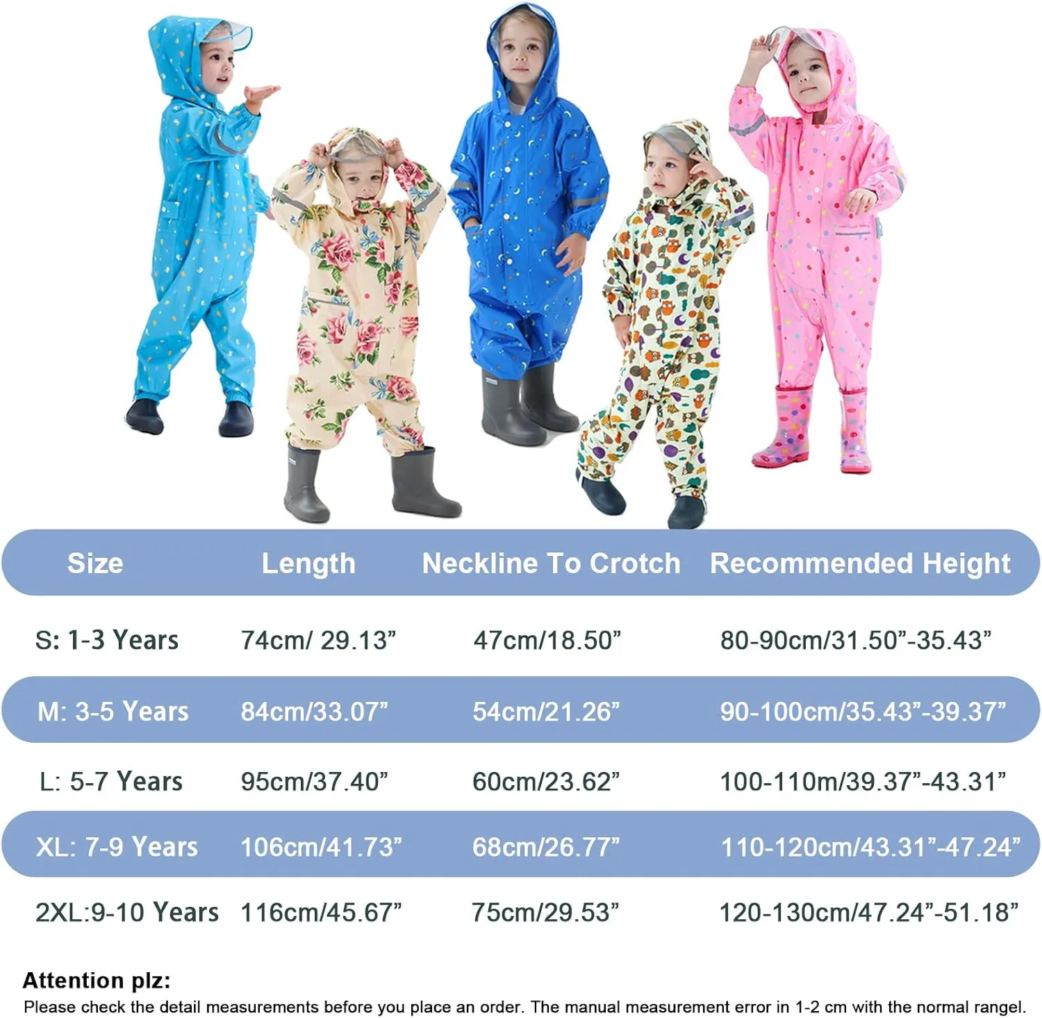 Toddler Kids Rain Suit Girls Boys One Piece Raincoat Waterproof Coverall Lightweight Rainwear Rain Jacket 1-10 Years