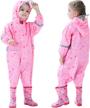 Toddler Kids Rain Suit Girls Boys One Piece Raincoat Waterproof Coverall Lightweight Rainwear Rain Jacket 1-10 Years