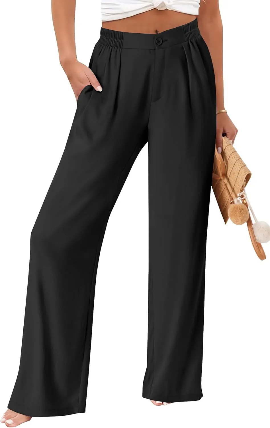 TOPYOGAS Womens Summer Linen Boho Wide Leg Casual Pants Palazzo Button High Waist Lounge Travel Vacation Outfits