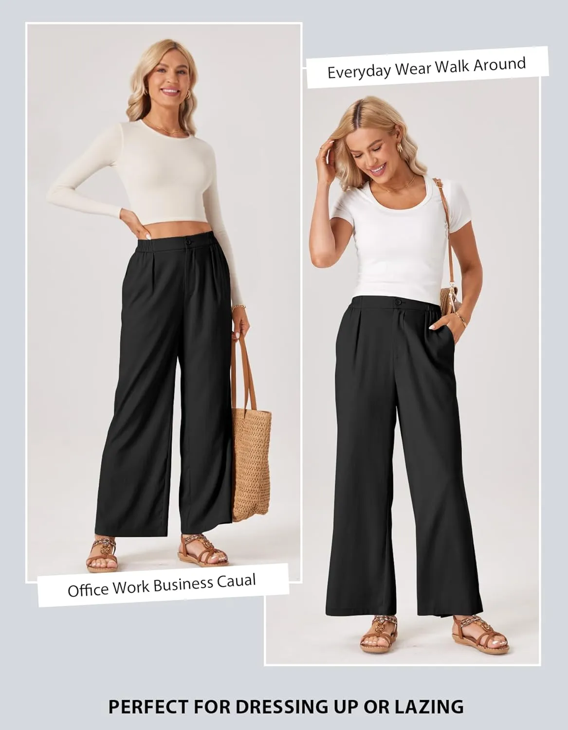 TOPYOGAS Womens Summer Linen Boho Wide Leg Casual Pants Palazzo Button High Waist Lounge Travel Vacation Outfits