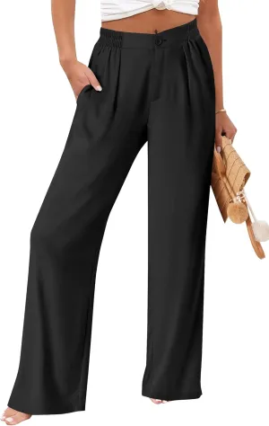TOPYOGAS Womens Summer Linen Boho Wide Leg Casual Pants Palazzo Button High Waist Lounge Travel Vacation Outfits
