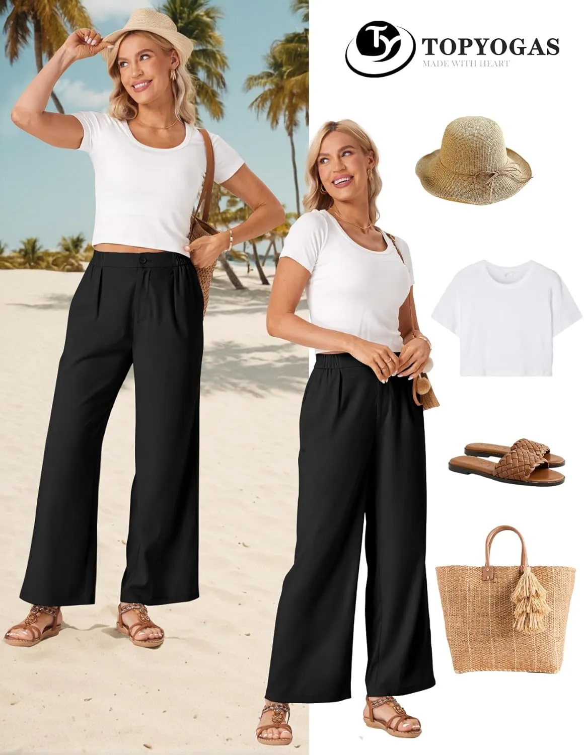 TOPYOGAS Womens Summer Linen Boho Wide Leg Casual Pants Palazzo Button High Waist Lounge Travel Vacation Outfits