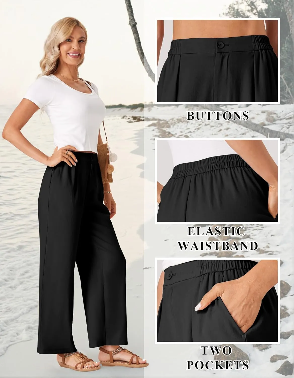 TOPYOGAS Womens Summer Linen Boho Wide Leg Casual Pants Palazzo Button High Waist Lounge Travel Vacation Outfits