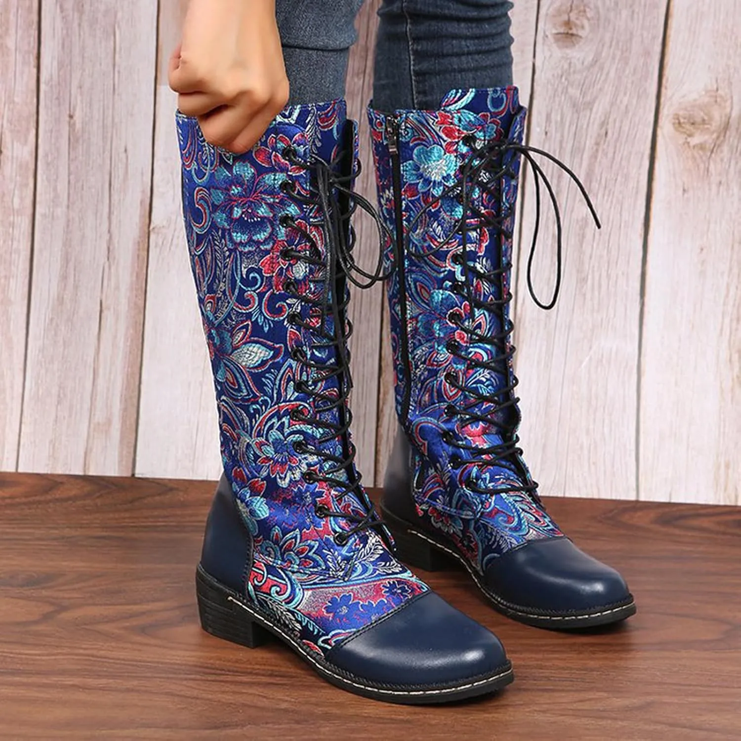 Traveltopp Women's Embroidered Lace up Knee High Cowgirl Boots Retro Ethnic Style Low Heel Mid Side Zipper Western Cowboy Mid Calf Boots