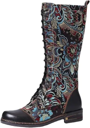 Traveltopp Women's Embroidered Lace up Knee High Cowgirl Boots Retro Ethnic Style Low Heel Mid Side Zipper Western Cowboy Mid Calf Boots