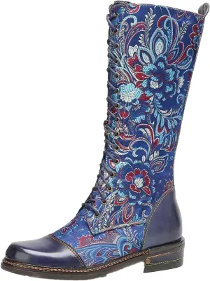 Traveltopp Women's Embroidered Lace up Knee High Cowgirl Boots Retro Ethnic Style Low Heel Mid Side Zipper Western Cowboy Mid Calf Boots