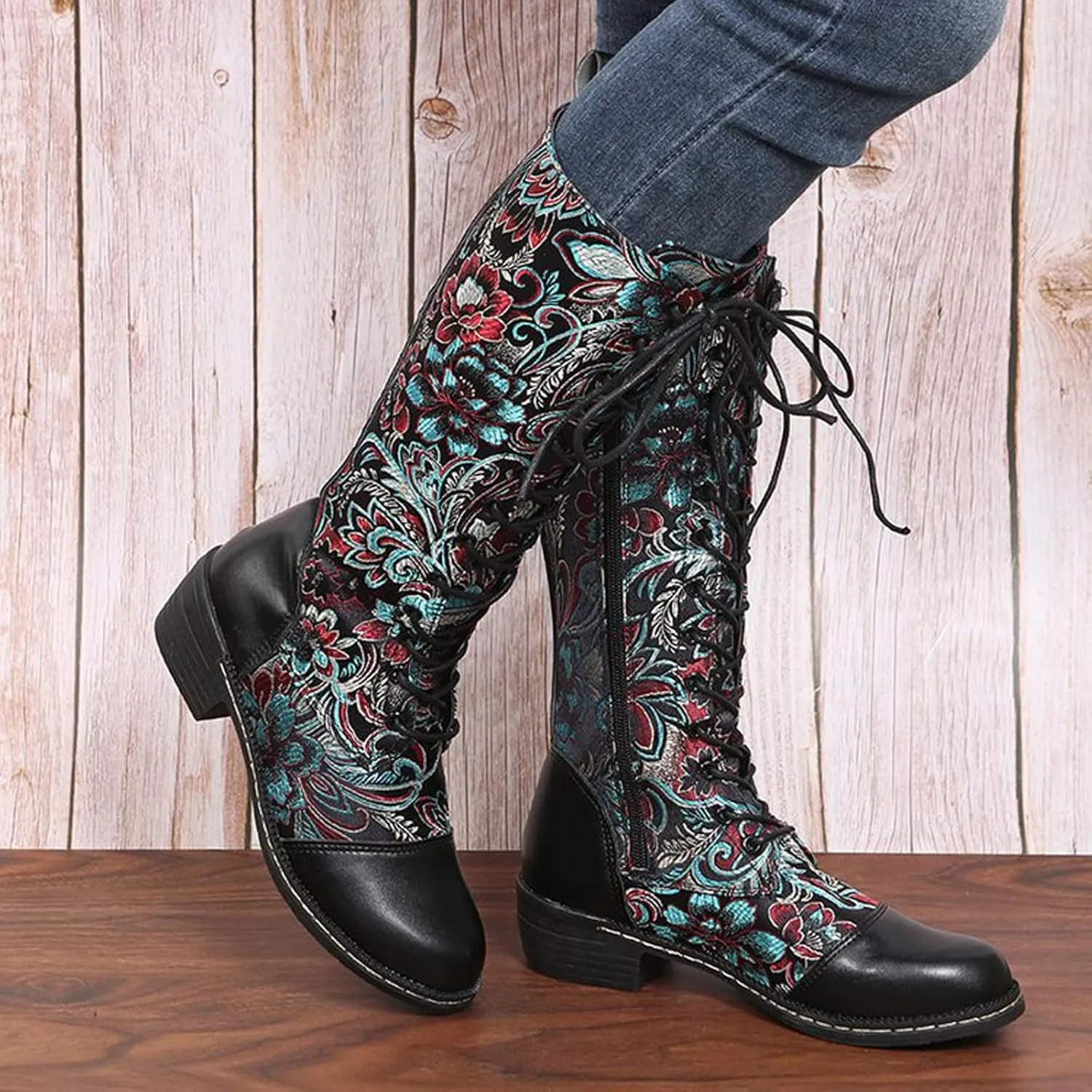 Traveltopp Women's Embroidered Lace up Knee High Cowgirl Boots Retro Ethnic Style Low Heel Mid Side Zipper Western Cowboy Mid Calf Boots