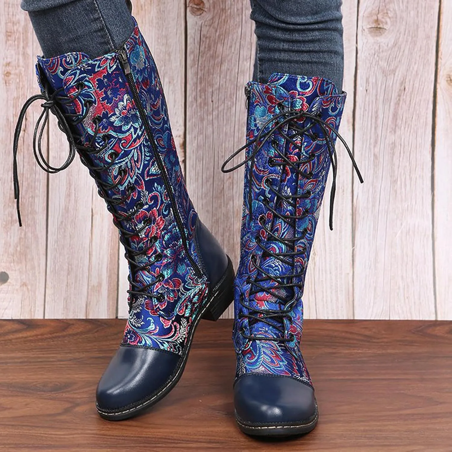 Traveltopp Women's Embroidered Lace up Knee High Cowgirl Boots Retro Ethnic Style Low Heel Mid Side Zipper Western Cowboy Mid Calf Boots