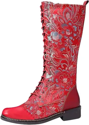 Traveltopp Women's Embroidered Lace up Knee High Cowgirl Boots Retro Ethnic Style Low Heel Mid Side Zipper Western Cowboy Mid Calf Boots