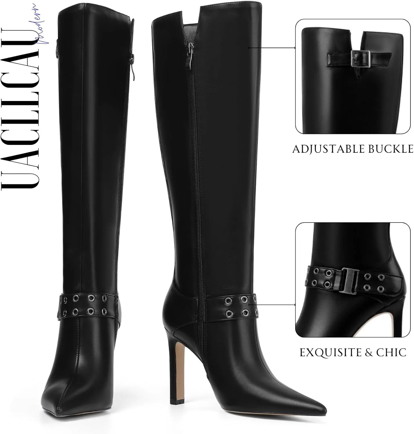 Uacllcau Knee High Boots Women Pointed Toe Tall Boots Sexy Stiletto High Heels Long Boots Fashion Trendy Buckle Dress Boots Slouch Zipper Heeled Boots