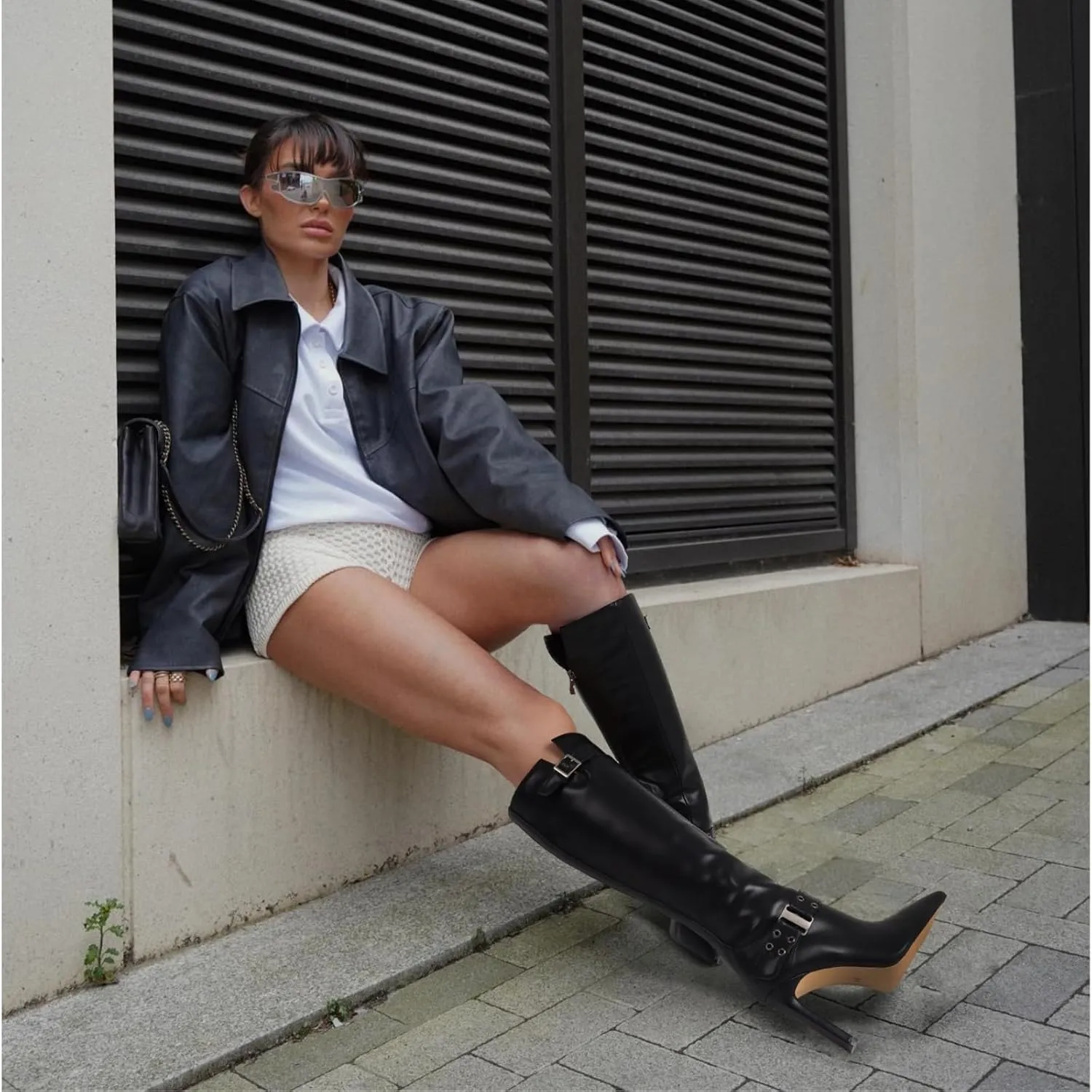 Uacllcau Knee High Boots Women Pointed Toe Tall Boots Sexy Stiletto High Heels Long Boots Fashion Trendy Buckle Dress Boots Slouch Zipper Heeled Boots