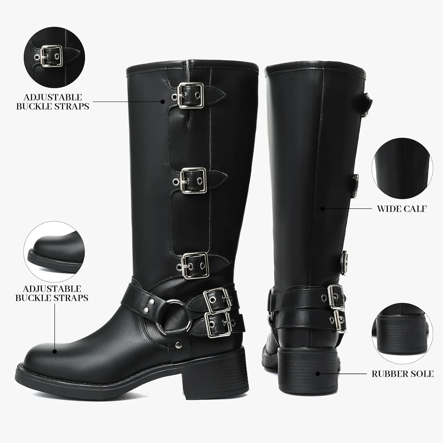 Uacllcau Knee High Riding Boots for Women Vintage Waterproof Slip On Motorcycle Boots Wide Calf Square Toe Chunky Low Heel Biker Buckle Boots Casual