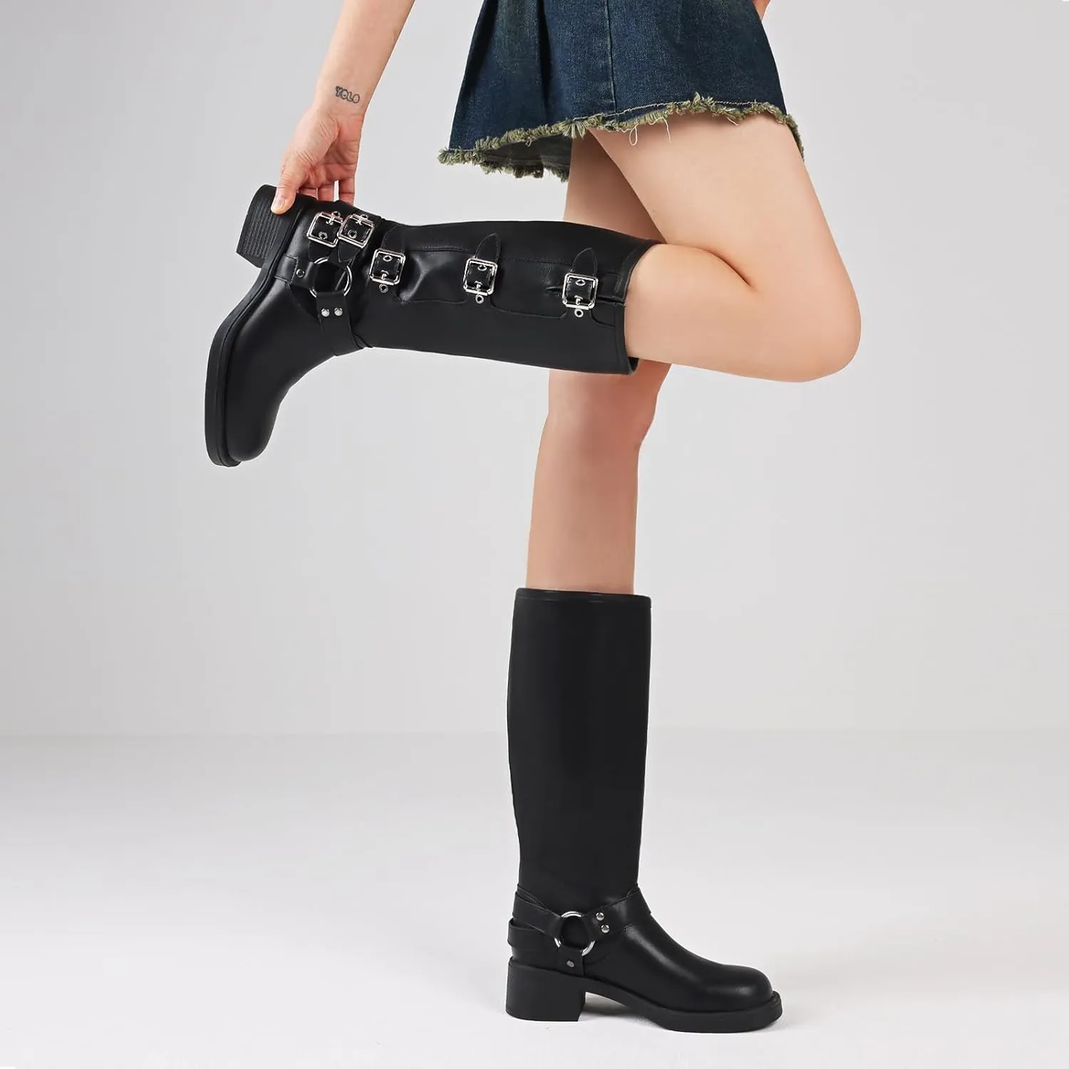 Uacllcau Knee High Riding Boots for Women Vintage Waterproof Slip On Motorcycle Boots Wide Calf Square Toe Chunky Low Heel Biker Buckle Boots Casual