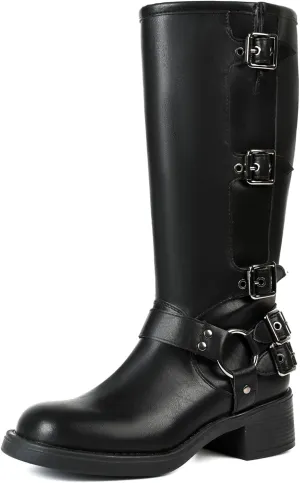 Uacllcau Knee High Riding Boots for Women Vintage Waterproof Slip On Motorcycle Boots Wide Calf Square Toe Chunky Low Heel Biker Buckle Boots Casual