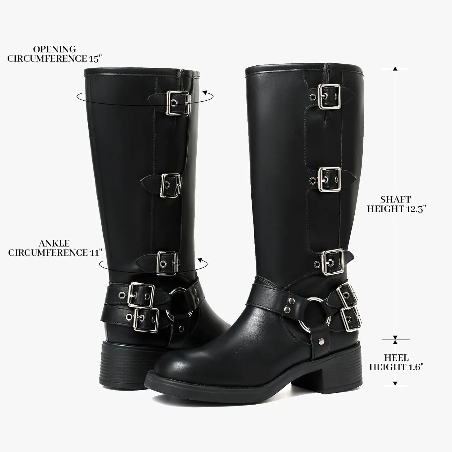 Uacllcau Knee High Riding Boots for Women Vintage Waterproof Slip On Motorcycle Boots Wide Calf Square Toe Chunky Low Heel Biker Buckle Boots Casual