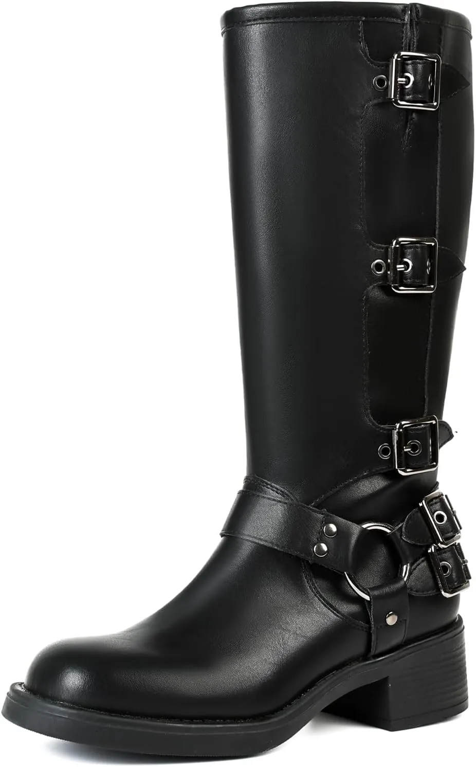Uacllcau Knee High Riding Boots for Women Vintage Waterproof Slip On Motorcycle Boots Wide Calf Square Toe Chunky Low Heel Biker Buckle Boots Casual
