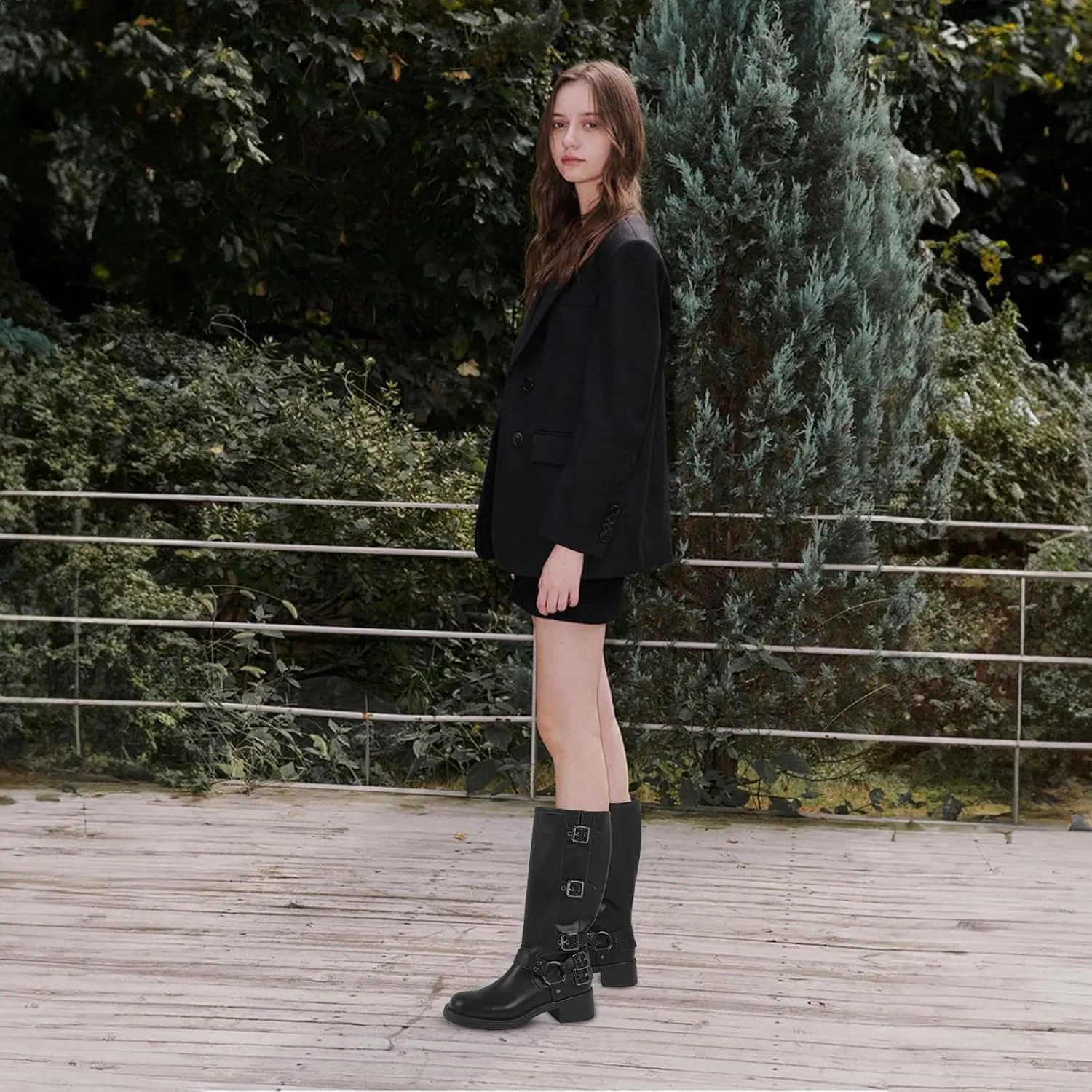 Uacllcau Knee High Riding Boots for Women Vintage Waterproof Slip On Motorcycle Boots Wide Calf Square Toe Chunky Low Heel Biker Buckle Boots Casual