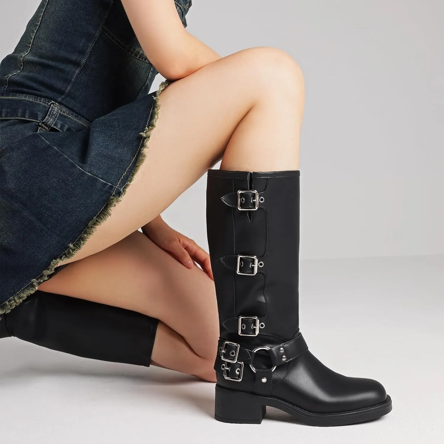 Uacllcau Knee High Riding Boots for Women Vintage Waterproof Slip On Motorcycle Boots Wide Calf Square Toe Chunky Low Heel Biker Buckle Boots Casual