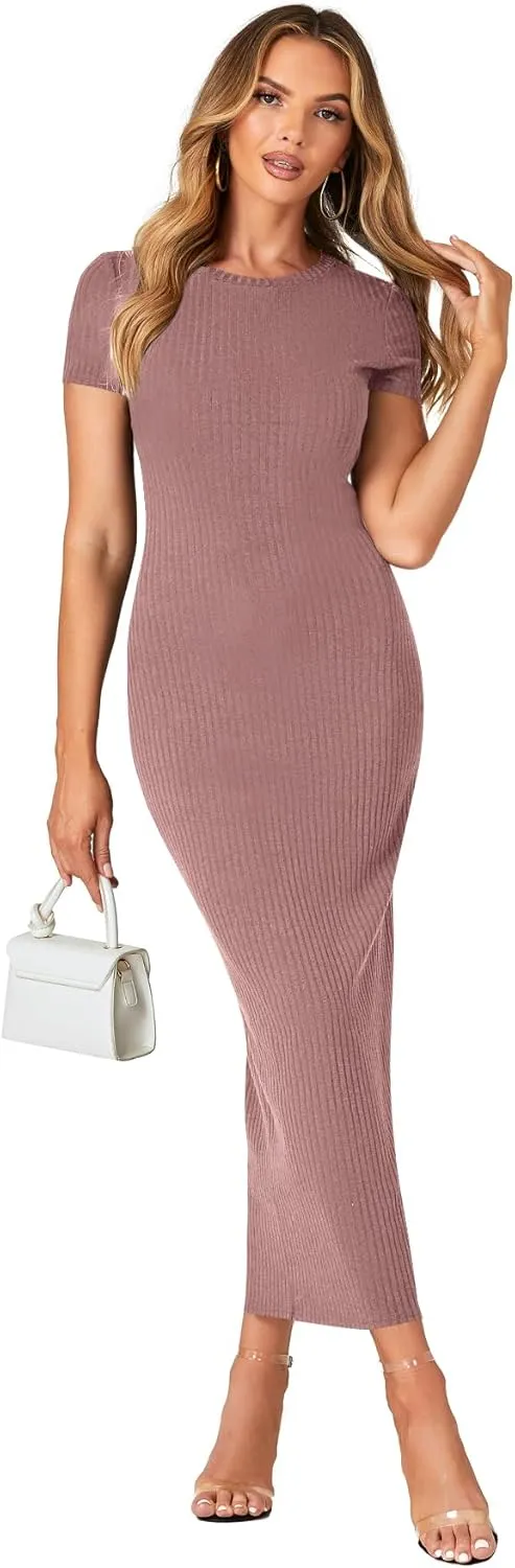 Umenlele Women’s Casual Short Sleeve Ribbed Knit Bodycon Fitted Pencil Long Maxi Dress