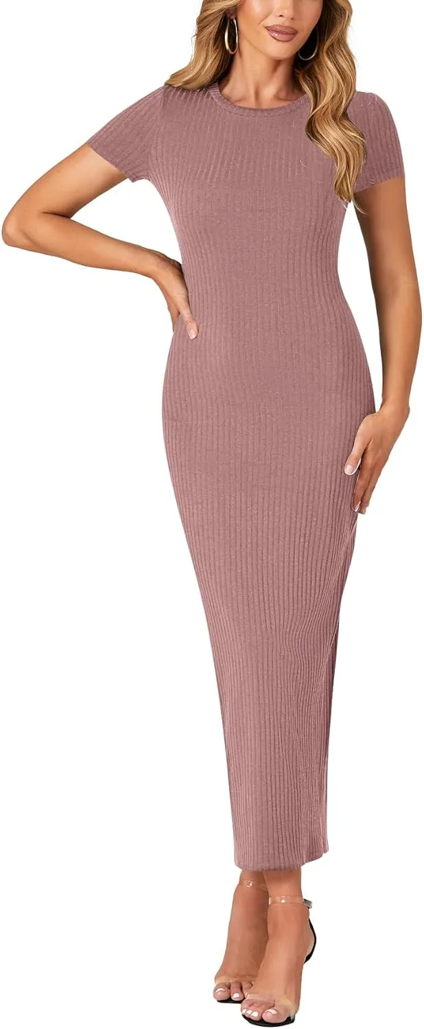 Umenlele Women’s Casual Short Sleeve Ribbed Knit Bodycon Fitted Pencil Long Maxi Dress