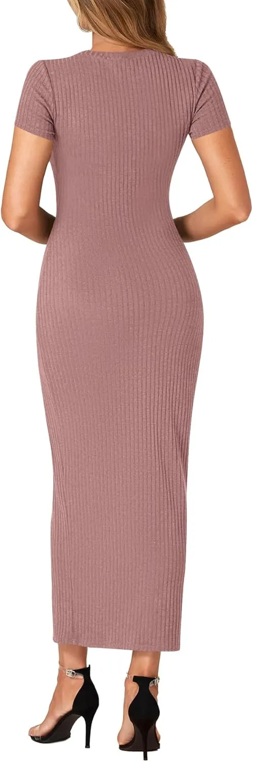 Umenlele Women’s Casual Short Sleeve Ribbed Knit Bodycon Fitted Pencil Long Maxi Dress