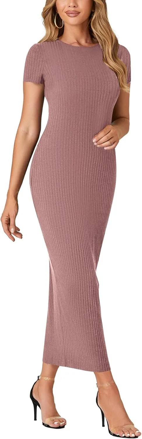 Umenlele Women’s Casual Short Sleeve Ribbed Knit Bodycon Fitted Pencil Long Maxi Dress