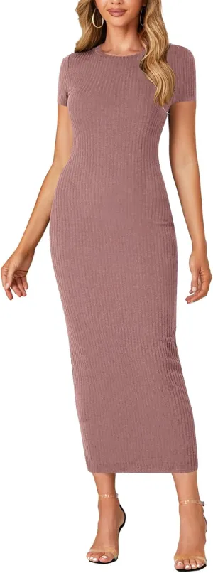 Umenlele Women’s Casual Short Sleeve Ribbed Knit Bodycon Fitted Pencil Long Maxi Dress