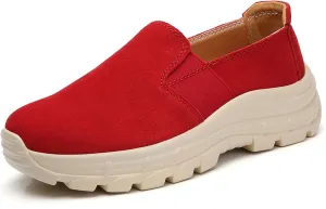 URLECHS Women's Leather Round Toe Platform Loafers Casual Fashion Slip On Low Top Sneakers Lightweight Comfortable Walking Shoes