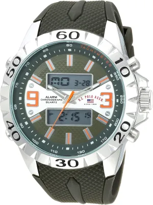 U.S. Polo Assn. Men's Ana-Digital Chronograph Watch Olive Green Textured Strap Large 50mm Silver-Tone Bezel Tachymeter Dual Display Alarm Quartz Movement Fits Wrists 5.5" to 8"