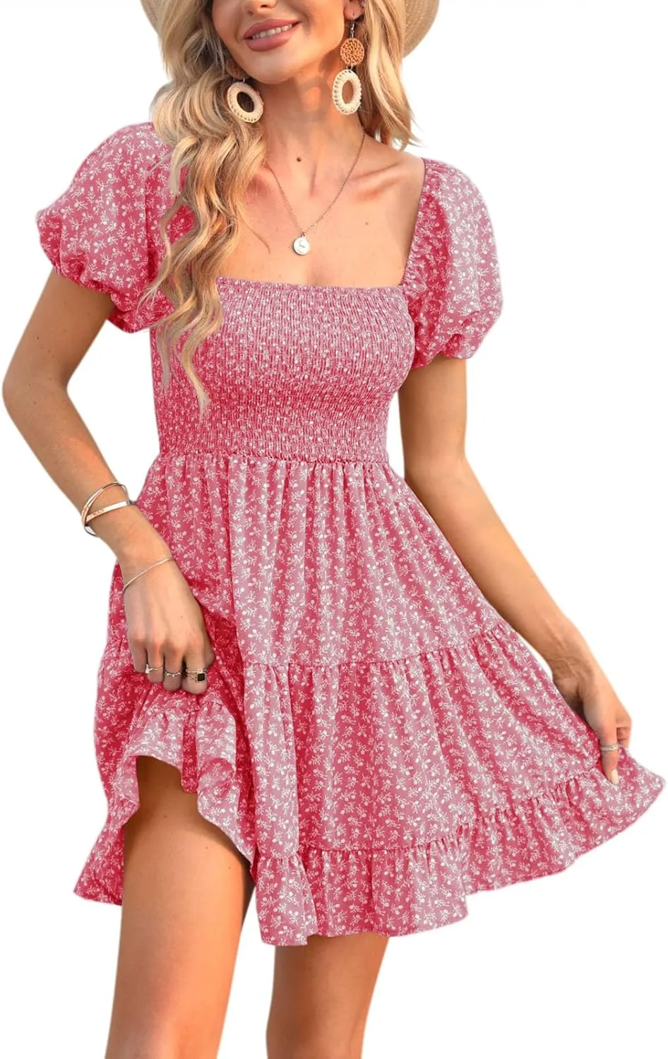 Veatzaer Women's Puff Sleeve Square Neck Smocked Babydoll Dress Boho Floral Print Off Shoulder Ruffle Mini Short Dress