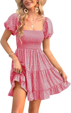 Veatzaer Women's Puff Sleeve Square Neck Smocked Babydoll Dress Boho Floral Print Off Shoulder Ruffle Mini Short Dress