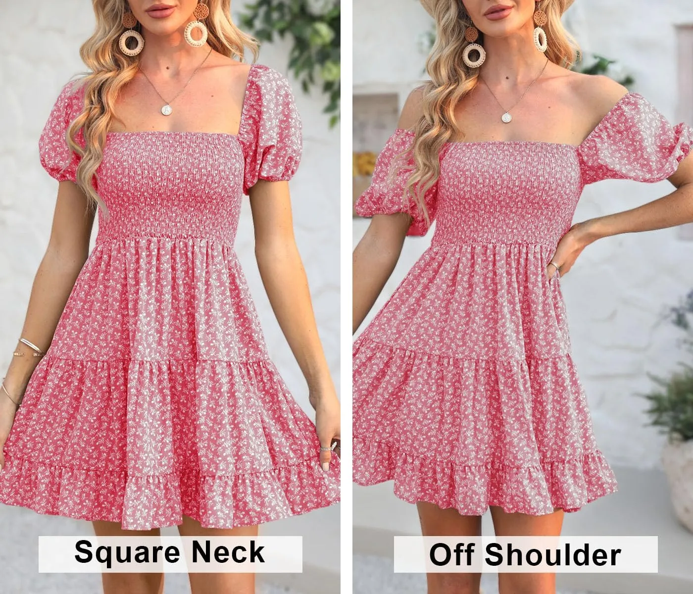 Veatzaer Women's Puff Sleeve Square Neck Smocked Babydoll Dress Boho Floral Print Off Shoulder Ruffle Mini Short Dress