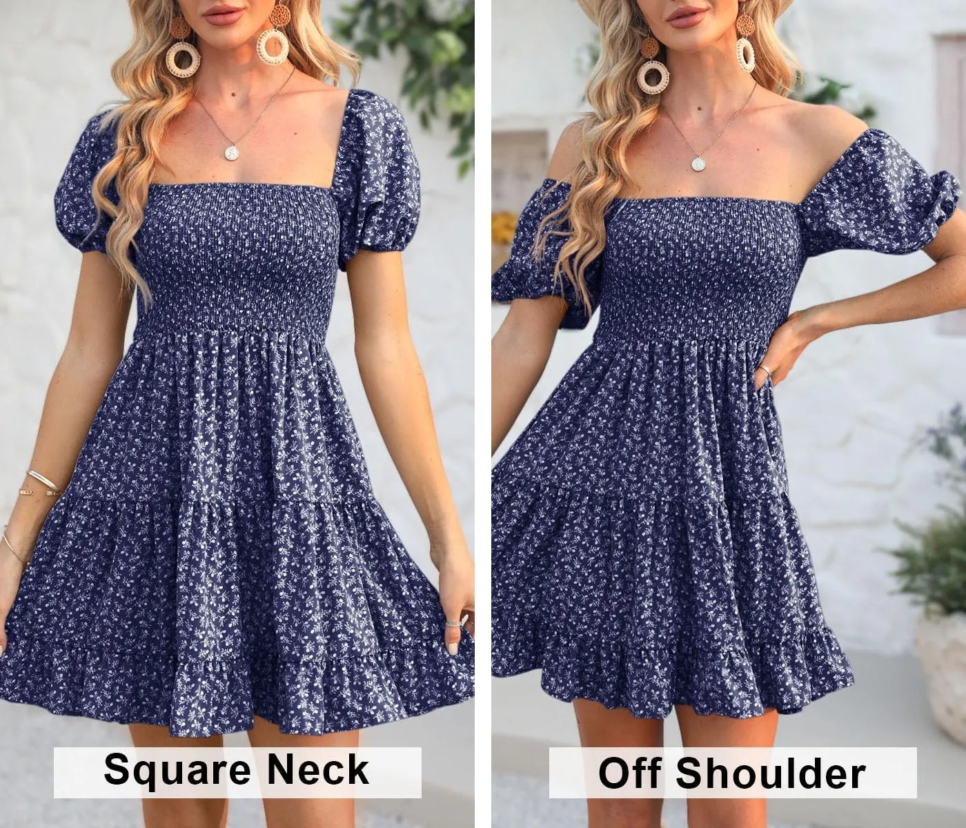 Veatzaer Women's Puff Sleeve Square Neck Smocked Babydoll Dress Boho Floral Print Off Shoulder Ruffle Mini Short Dress