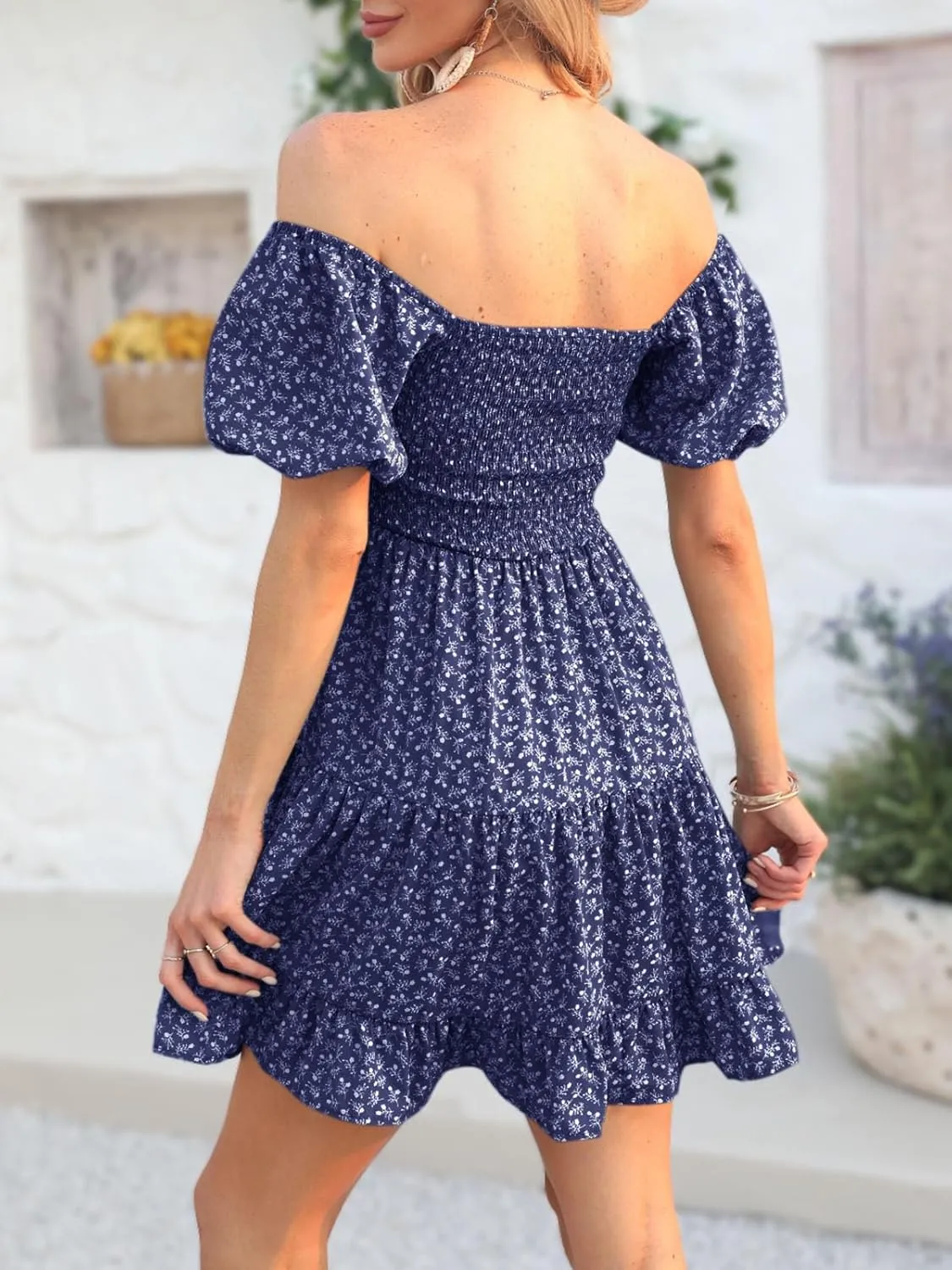 Veatzaer Women's Puff Sleeve Square Neck Smocked Babydoll Dress Boho Floral Print Off Shoulder Ruffle Mini Short Dress